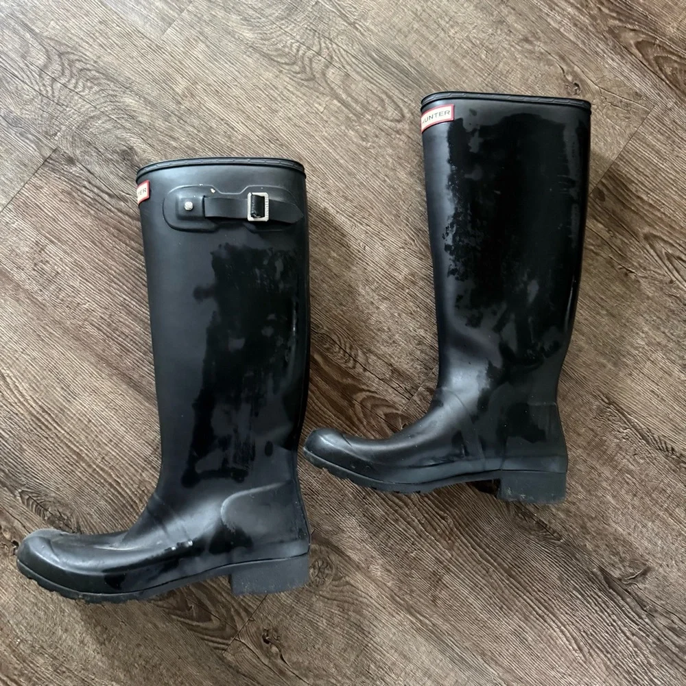 HUNTER Original Rain Boots Tall Women 9 Black Slip On Waterproof Buckle Rubber